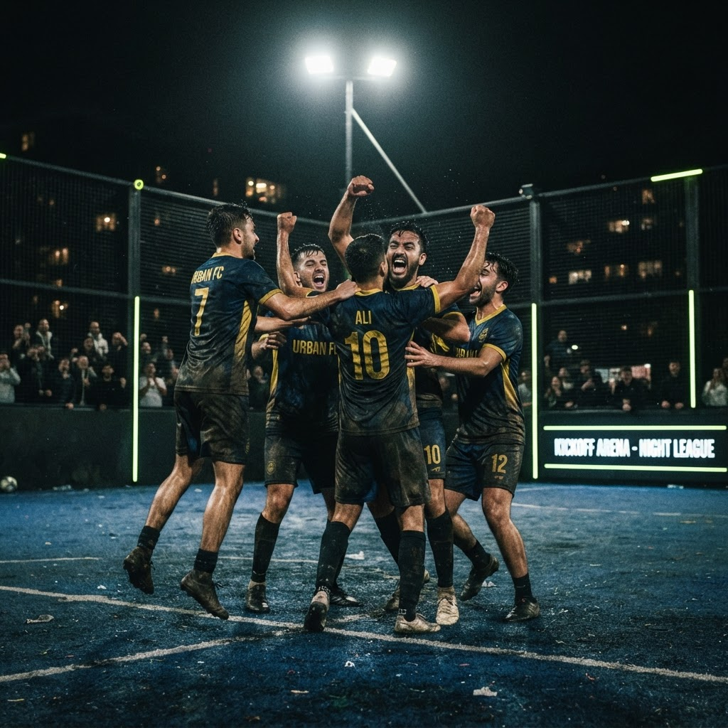 Jogadores comemorando um lance em uma quadra iluminada